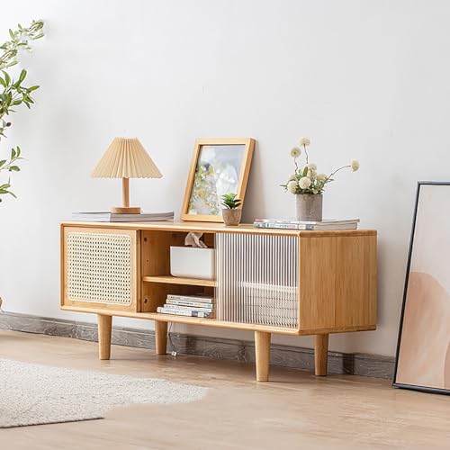 WOLWES Entertainment Center Bamboo TV Stand for Living Room, Sliding Doors, Cable Management Hole, Adjustable Shelf, TV Console for TVs Up to 55 Inch (Size : 1.2m)