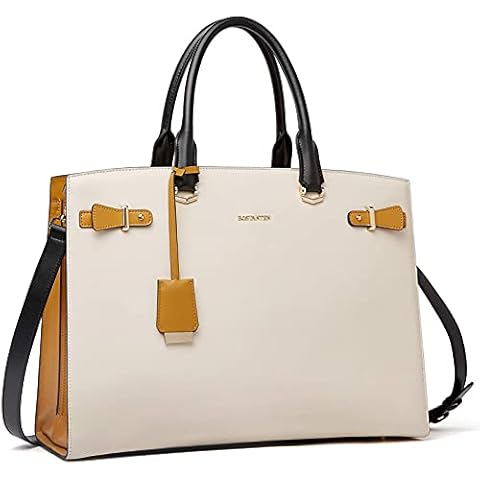 BOSTANTEN Briefcase for Women 15.6 Inch Leather Laptop Briefcase Shoulder Work Tote Bag Purse Beige Cover