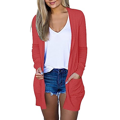 AnnSemo Cárdigan tipo kimono de otoño para mujer, blusas casuales de manga larga con frente abierto, camisas de gran tamaño, ligera, abrigo de color sólido, blusa de entrenamiento con bolsillo, Rojo