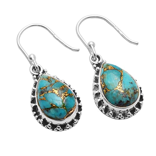 Silver Palace Pendientes colgantes de plata de ley 925 con piedra preciosa turquesa de cobre natural para mujer, Metal Piedra preciosa, turquesa cobre