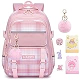 HANXIUCAO Cartable Fille Primaire - 24L Sac a Dos College Fille, Kawaii Lger avec Pendentif pour Enfants de 7  14 Ans, Rosa