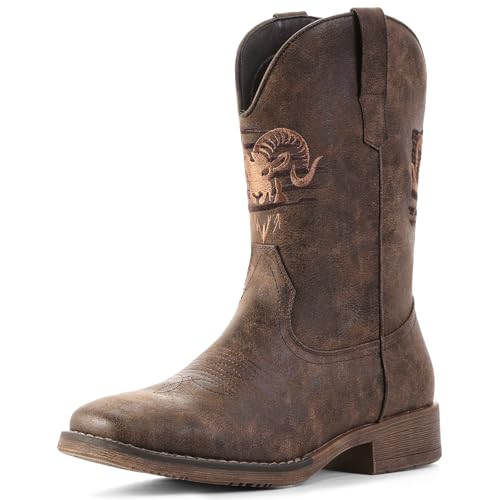 IUV Cowboy Boots for Men Square Toe Western Classic Embroidered Boots Durable Retro Country Pull on Boot
