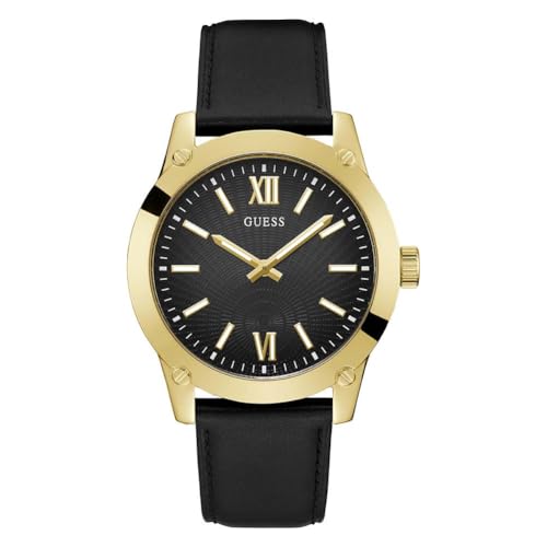 Image of GUESS Gold-Tone and Black Leather Analog Watch