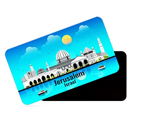 Image of dhcrafts Rectangular Rubber Fridge Magnet /Magnetic Card Blue Israel Jerusalem Design Pack of 1 (8.6cm x 5.4cm)