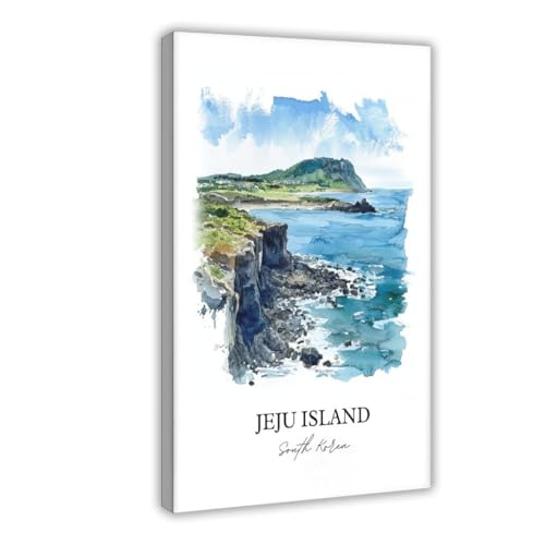 DUYIGCR Jeju Island, Jeju Island South Korea Watercolor, Jeju Island Gift, Jeju Island Print, Canvas Wall Art Print Poster For Home School Office Decor Frame 20" L X 30" W