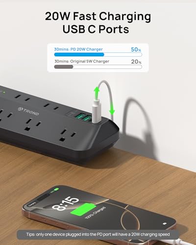 TROND Desk Clamp Power Bar Surge Protector with PD 20W USB C, 6 Outlets Desktop Charging Station, 6ft Flat Plug Extension Cord Indoor, Fit 1.97" Tabletop Edge, ETL Listed, Home Off image 8