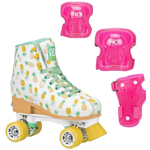 Roller Derby Elite Candi GRL Lucy Pineapple Adjustable Girls Roller Skates with Protective Gear, Adjustable Sizing, Tri-Pack Protective Gear Included