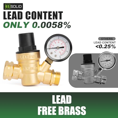 Image of U.S. Solid 3 /4 in GHT RV Water Pressure Regulator, Screwdriver-Adjustable Lead-Free Brass, 45 psi Preset, 0-140 psi Gauge, Stainless Filter, for RV Camper Trailer and Garden Hose