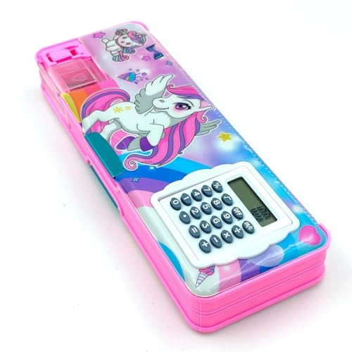 Prasadhkam Unicorn Pencil Box 1 Pcs Calculator Geometry, calci Geo, Dual Sharpener with Calculator, Double Sided Stationary Box for Girls