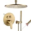 VANFOXLE Shower Faucets Sets Complete Brushed Gold Shower System Push Button Diverter Ceiling Mounted Shower Fixtures with 2 in 1 Handheld10 inches Shower HeadRough in Valve Body and Trim Included