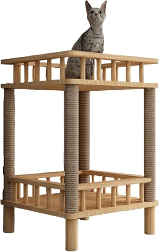 Lapakey キャットタワー 木製 猫ベッド 木製 木目調 省スペース コンパクト 猫タワー 天然松木 丈夫 安定 耐荷重 麻ロープ 透明宇宙船 猫用 遊び場 休憩 爪とぎ 多機能 家具 インテリア 猫のおもちゃ 簡単組立トタワー ハンモック 多頭飼い