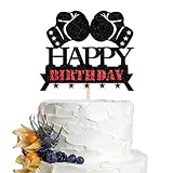 Dcokska Boxing Happy Birthday Cake Topper，Black Glitter Boxing Glove Cake Topper，Boys/Men Sports Wrestle Themed Dinner Party Cake Decorations/Birthday Party Decorations Supplies (black-2)