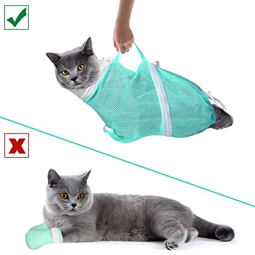 Image of JULMELON 10 PCS Cat Washing Bag for Bath Shower Adjustable Net Grooming Set | Pet Brush Nail Clipper File, Hair Combs Tick Tool, Nail Caps, Bathing Trimming Examination, Pink and Green