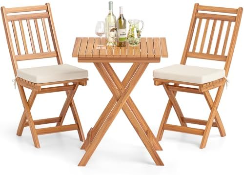 Tangkula Acacia Wood Patio Bistro Set of 3, Outdoor Folding Chair...