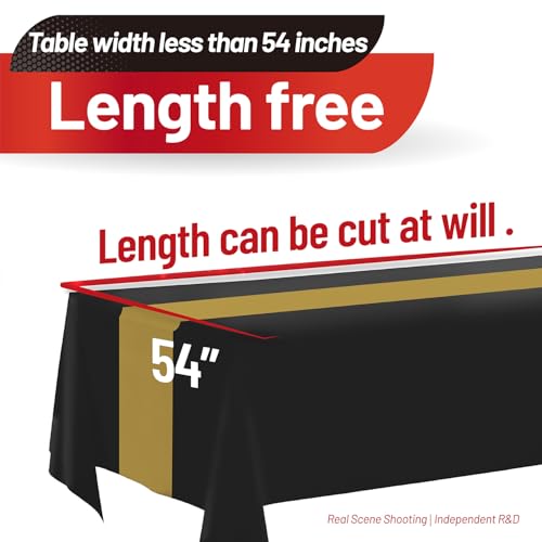 Image of Plastic Table Cloth, 110 Ft X 54 In Disposable Tablecloth Black and Gold Tablecloth Premium PEVA Plastic Table Cloth Disposable with Any Cut Sliding Cutters for Picnics, Parties, Birthdays, Festivals