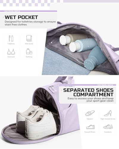 Image of Gym Bag for Women & Men with Wet & Shoe Compartment, Small Duffle Bag for Travel, Sport, Gym, Workout, Overnight, Weekender, Carry-On - Purple