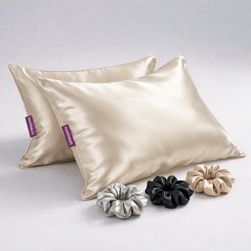 Coolbeds Satin Silk Pillow Covers for Hair and Skin-with Satin Scrunchies Stylish |Satin Pillow Covers for Hair and Skin 2Pack |Silk scrunchies for Women 3Pack|Silk Pillow Case 28 x 18, (Taupe) 400