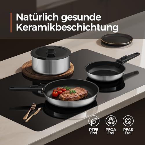 5-Teiliges Antihaft Keramik Pfannenset mit Abnehmbarem Griff, 3-Schichtiger Edelstahl Topf Set-PTFE/PFAS/PFOA frei, Töpfe Induktion… – Ansicht 3