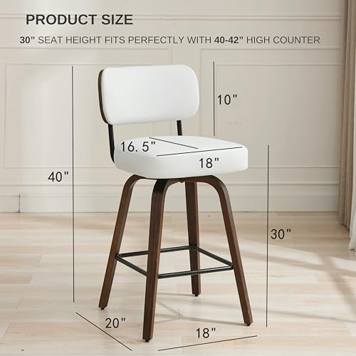 Image of Swivel Bar Stools Set of 2, 30 inch Upholstered Bar Height Stools with Back and Walnut Wood Legs, Faux Leather Barstools for Kitchen Counter, White