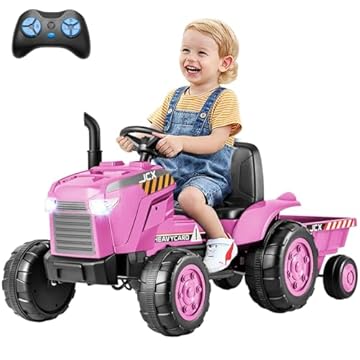 Maxmass 12V Kids Ride on Tractor, Battery Powered Electric Car with Detachable Trailer, Remote Control, Wireless Connection, USB, Music, Electric Construction Vehicle for 3-8 Years Old (Pink)