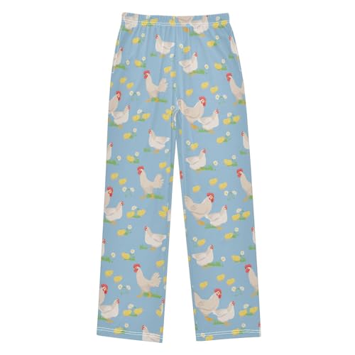 Hen Chicken Floral Boys Long Pants Soft Trousers Elastic Waist Kids Lounge Bottoms with Pockets S-XL