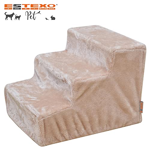 ESTEXO Hundetreppe Katzentreppe Haustiertreppe Tiertreppe Treppenstufen Plüschbezug Einstieghilfe 3 Stufen Beige