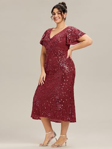 Image of Ever-Pretty Plus Women's Sequin V Neck Plus Size Prom Dress Mermaid Formal Cocktail Evening Dresses for Curvy Women