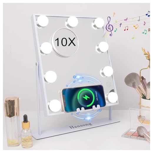 Hansong Lighted Vanity Mirror with Bluetooth and Wireless Charging Makeup Mirror with Lights 9 Dimmable Bulbs Lighted Makeup Mirror 3 Color Lighting Tabletop (White)