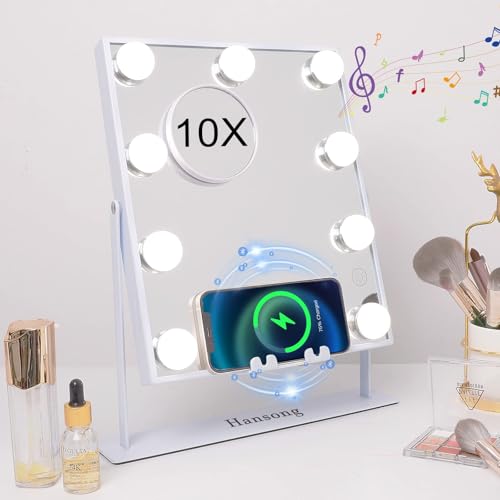 Hansong Lighted Vanity Mirror with Bluetooth Speaker and Wireless Charging Makeup Mirror...