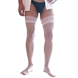 Manguo Mens Lace Top Thigh High Stockings Over Knee Antiskid Fishnet Sissy Long Socks for Men White