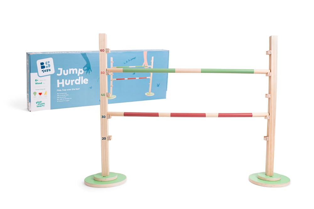 BS Toys Haie de Saut en Bois FSC pour Enfants - Obstacle réglable en Hauteur pour Saut d'obstacles - Jouet d'extérieur à partir de 6 Ans, Moyen