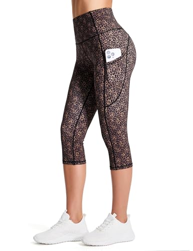 Image of THE GYM PEOPLE Thick High Waist Capris Yoga Pants with Pockets, Tummy Control Workout Running Yoga Leggings for Women