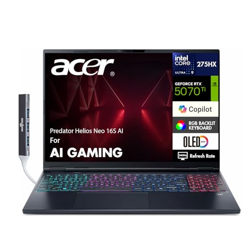 Image of acer Predator Helios Neo 16S AI Gaming Laptop 16 inch (2560x1600) 240Hz OLED 100% DCI-P3 (Intel Ultra 9-275HX, GeForce RTX 5070 Ti, 64GB DDR5, 1TB SSD, TB 4, Copilot, Win11Home) w /DKZ USB Port Expander