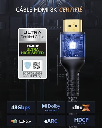 Stouchi Câble HDMI 1.2m,10K 8K Ultra HD 48Gbps Haute Vitesse 8K60Hz 4K120Hz 144Hz RTX 3080 eARC HDR10 4:4:4 HDCP 2.2&2.3 Dolby HDMI 2.1 Compatible avec Fire TV/Roku TV/PS5/Xbox Series/Samsung/Sony