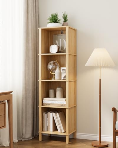 Apetaccat Book Shelf, Modern 4-Tier Bookcase, Open Storage Bookshelf, 11 × 14.2 × 50.4 Inches, Small Narrow Bookshelves for Living Room, Home Office, Bedroom, Natural