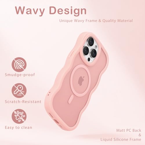 Amzfield Magnetic for iPhone 13 Pro Max Case, Compatible with Magsafe Wavy Frame Cute Translucent Matte Hard Back Silicone Bumper Shockproof Phone Case for iPhone 13 Pro Max Women Girls, Pink by Amzfield - Used condition - Image 4