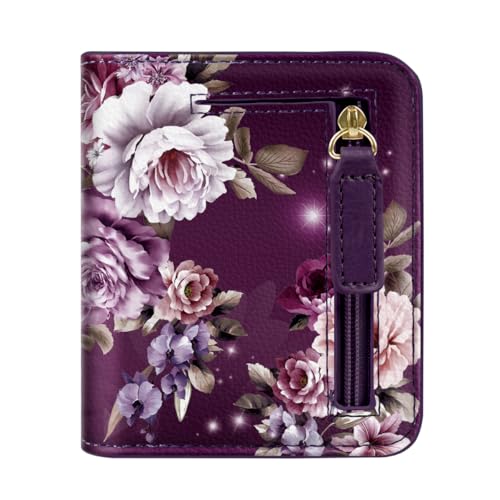 Image of Small Womens Wallet Thin Credit Card Holder Pocket Mini Purse | Compact Women Slim RFID Blocking Wallets Bifold Ladies Pocket Card Holders for Travel & Daily Use, Purple Flower