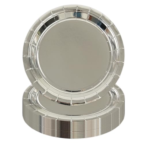 HiEnjoin 50PCS Silver Paper Plates, Disposable Foil Silver Cake Dessert Plates Glitter Tableware Party Supplies for Dinner Wedding Anniversary Birthday Bridal Shower Decorations HiEnjoin 50PCS Silver Paper Plates, Disposable Foil Silver Cake Dessert Plates Glitter Tableware Party Supplies for Dinner Wedding Anniversary Birthday Bridal Shower Decorations