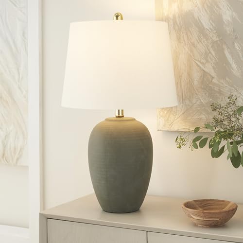 Image of Nourison Home 23 inch Olive Green Ceramic Pot Table Lamp for Bedroom, Living Room, Dining Office, with White Tapered Drum Shade