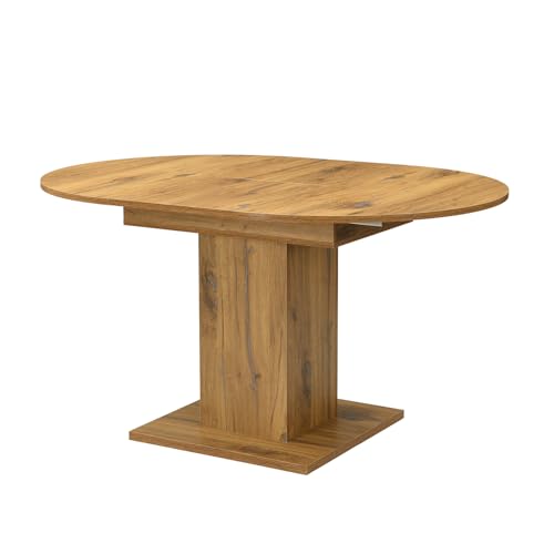 B&D home Wim Table à manger extensible Ø 100-140 × 100 cm - Table colonne ronde avec rallonge papillon - En mélamine chêne vintage - Peu encombrante -...