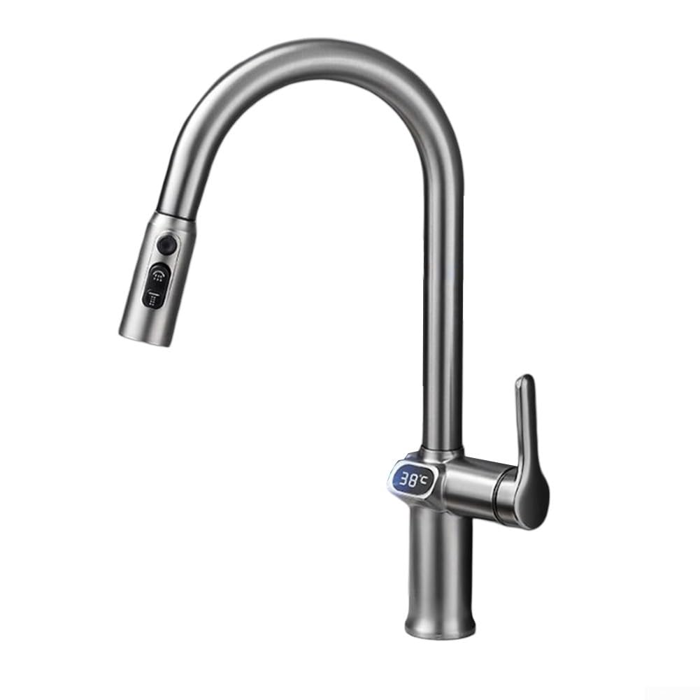 Grifo de cocina moderno con pantalla LED, pulverizador extensible, función de triple pulverización, rotación de 360 grados, grifo de agua fría y caliente de doble control (gris)