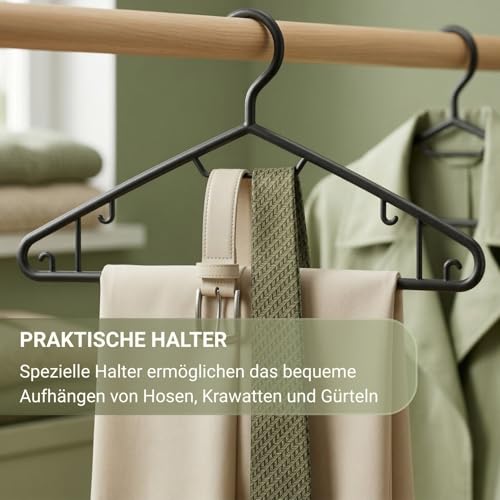 Berlona Kleiderbügel 10 Stück Schwarz | Kunststoffbügel mit seitlichen Haken | Klassisches Design, leicht und multifunktionell | Für Mäntel, Kleider, Hemden, Pullover, Krawatten und Hosen