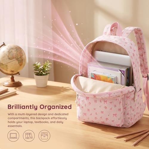 BTOOP School Backpack for Girls Teens Large Corduroy Bookbag Lightweight Casual High School College Backpacks 17 inch Laptop Travel Bag (Pink Bow Floral-1) - Image 6