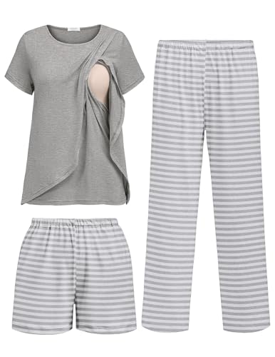 Ekouaer 3 PCS Maternity Nursing Pajamas Set Postpartum Breastfeeding Short Sleeve Shirts, Pregnancy Shorts & Pants Pjs Light Grey Stripe M