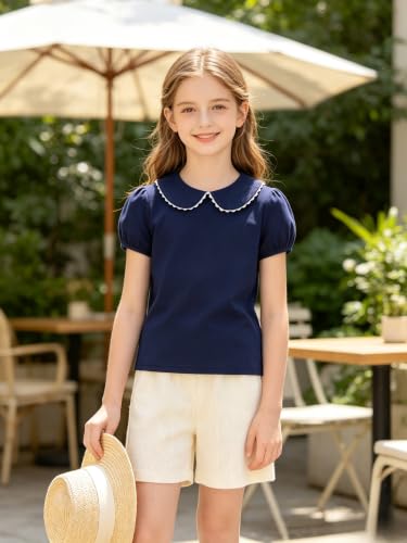 Image of Girls Peter Pan Collar Blouse Kids Short Sleeve School Shirt | Girls 12M-14Y preppy tee, scalloped Peter Pan collar, puff short /ruffle long sleeves. Breathable cotton for school & daily.