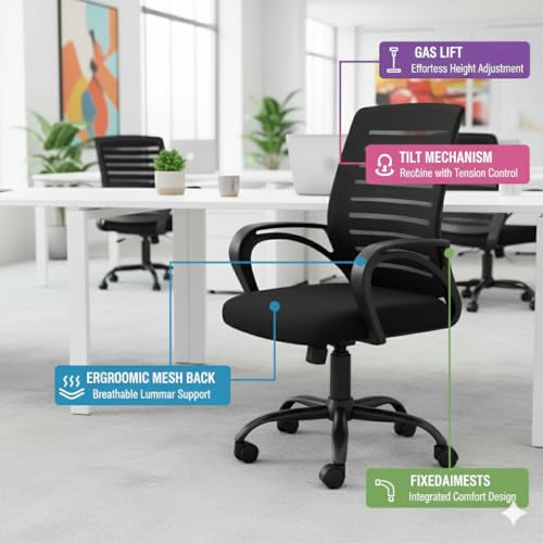 Image of Ergonomic Office Chair, Mesh Back, Black, Height Adjustable with Wheels