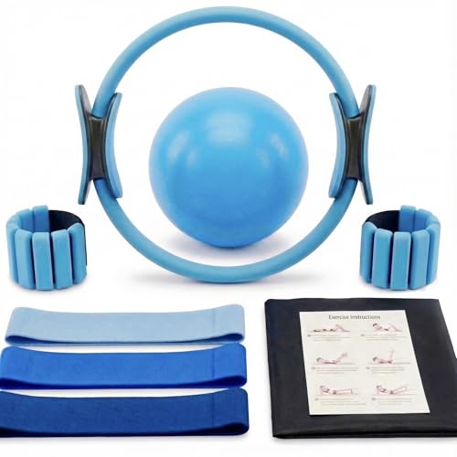 Pilates Equipment - Magic Circle Ring, Pilates Ball, Ankle/Wrist Weights and Resistance Bands Set Accessories for Exercise, Gym, Yoga, Home and Travel Full Body Workout Kit Women and Men