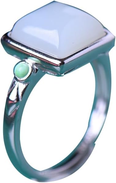 S925 Silver-Inlaid Natural White Jade Square Ring Opening Adjustable Including Certificate