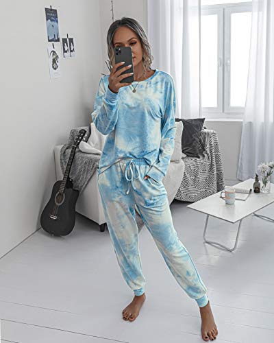 Prettygarden Women's Tie Dye Two Piece Pajamas Set Casual Long Sleeve Sweatshirt With Long Pants Loungewear (Blue,Large) #TOP1