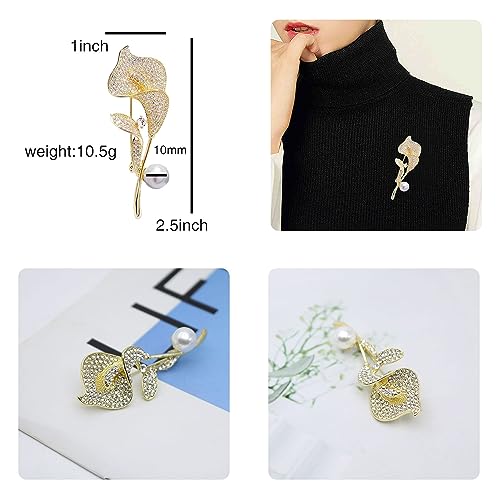 Image of Gold /Silver Calla Lily Crystal Brooches Pins Fashion Beautiful Created Rhinestone Pearl Flower Floral Brooch Good Idea for Party Dance Wedding Banquet for Elegant Women Girl